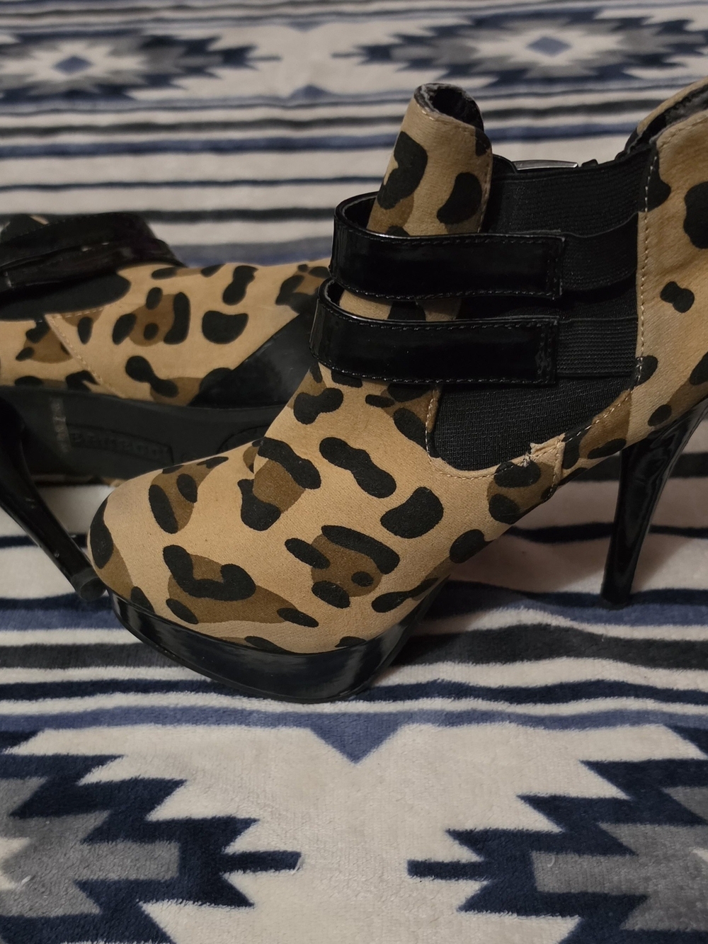 Leopard Print High Heel Ankle Booties with Black Trim